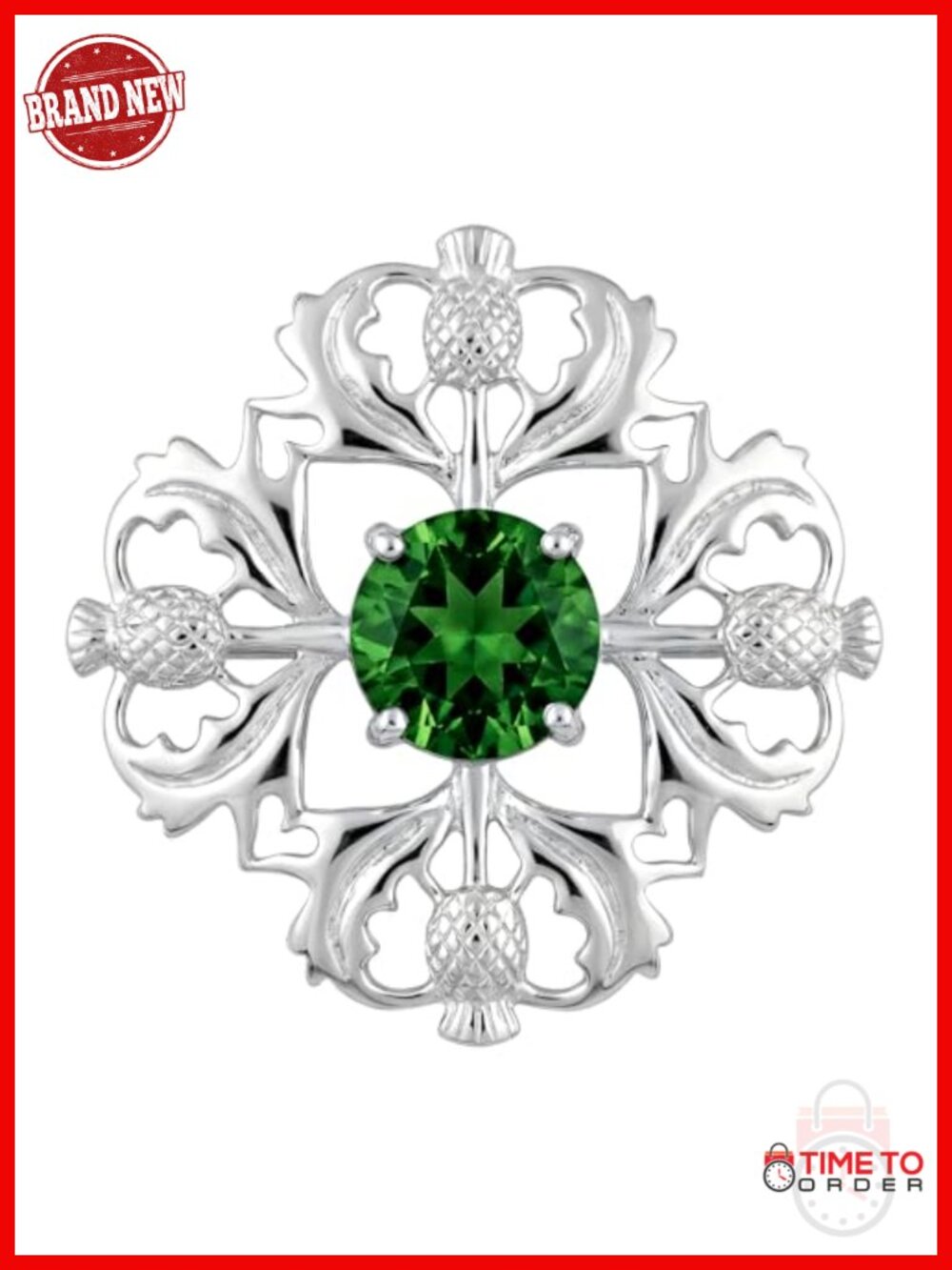 925 Sterling Silver Scottish Thistle Brooch Pin with Emerald CZ